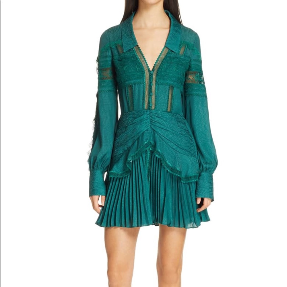 SELF PORTRAIT GREEN JACQUARD LACE TRIM MINI DRESS